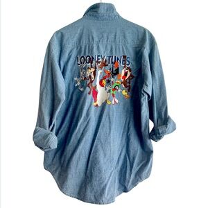 Vintage Looney Tunes Embroidered Denim Shirt, 90s Y2K Warner Bros Studio Cartoon